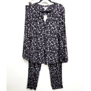 NWT Charter Club Black Floral PJ Set Long Sleeve Top Jogger Pant XXL